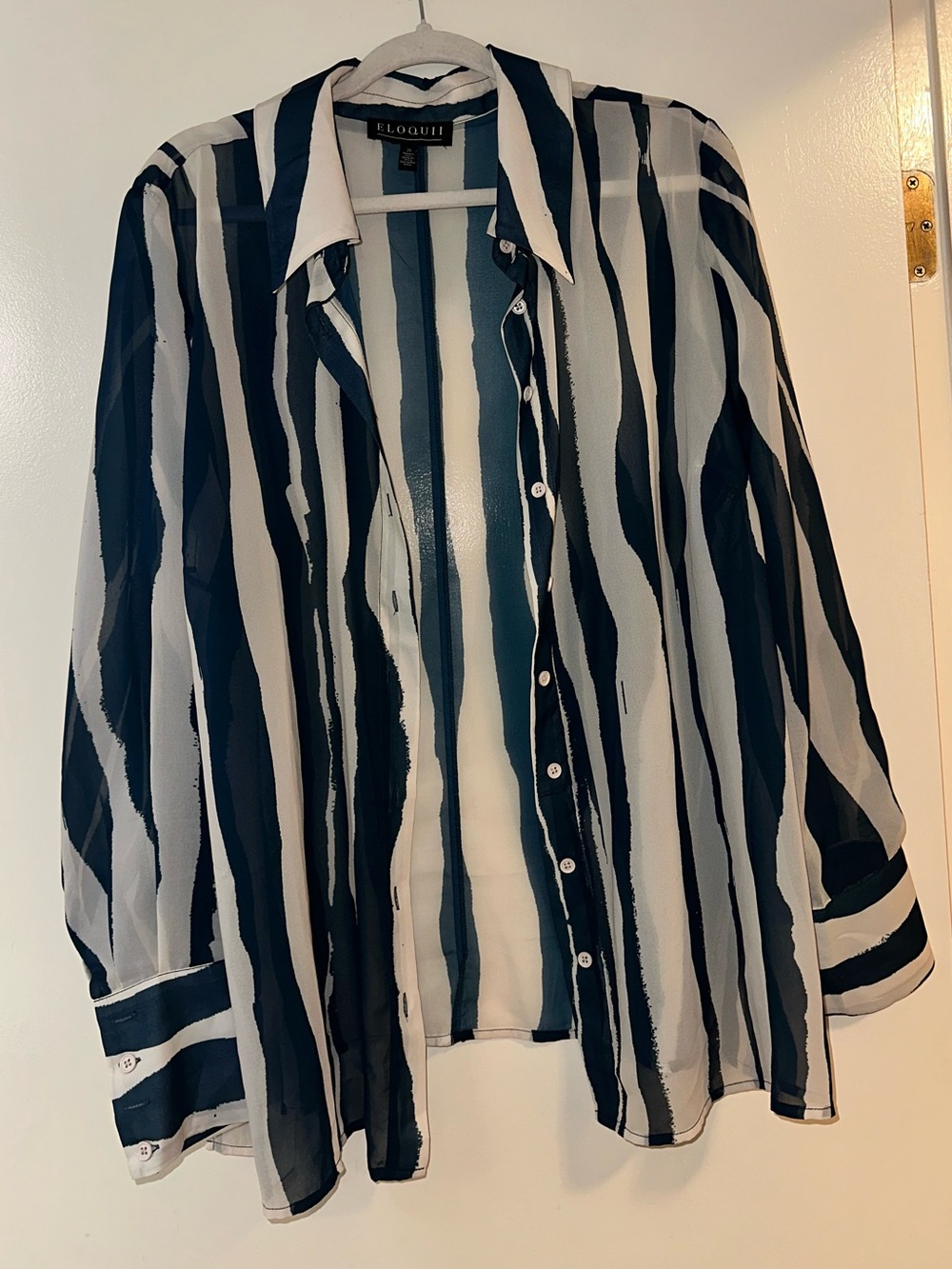 Eloquii Blue and White Vertical Stripe Button-Down Shirt